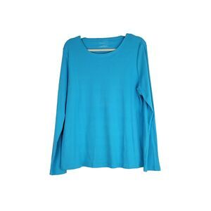 Talbots Top size XL 100% Cotton Long Sleeve Solid Crew Neck Tee Blue NEW $39.50